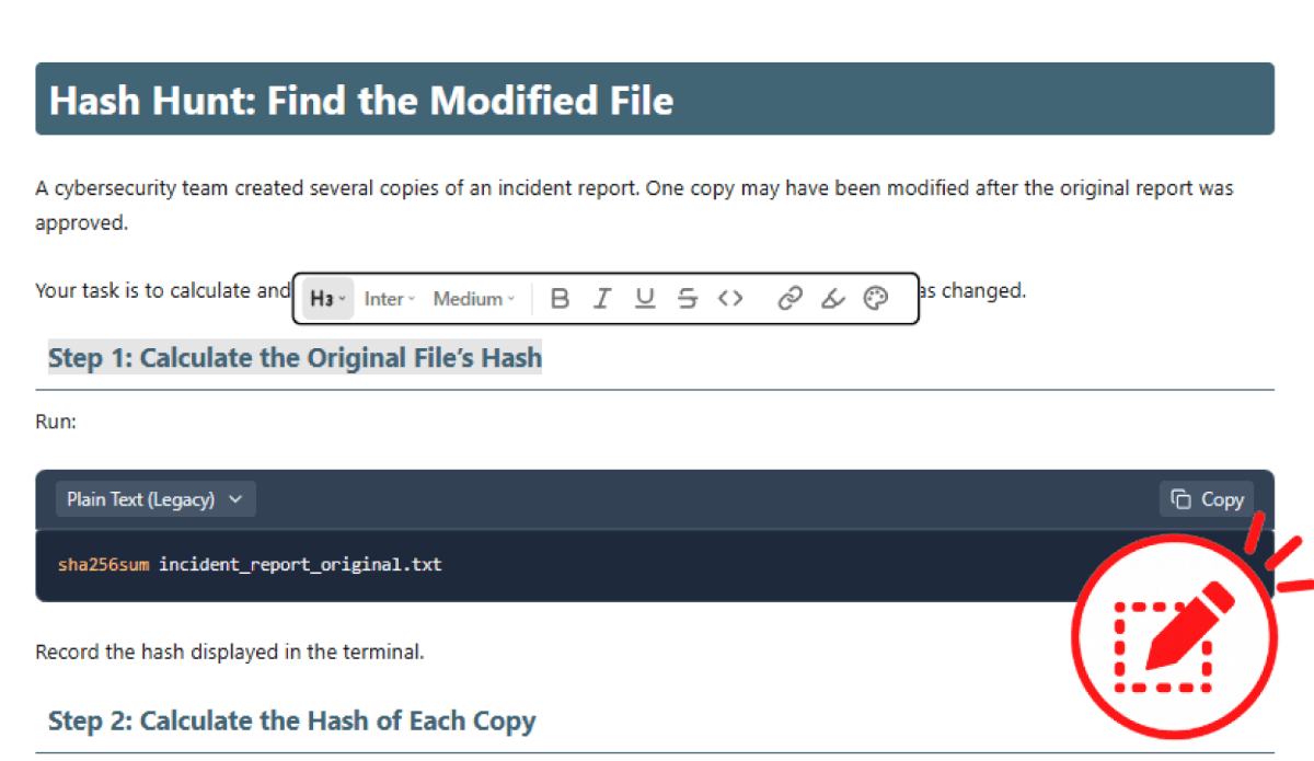 The lab editor open on the Hash Hunt assignment, with a rich text toolbar for editing the instructions