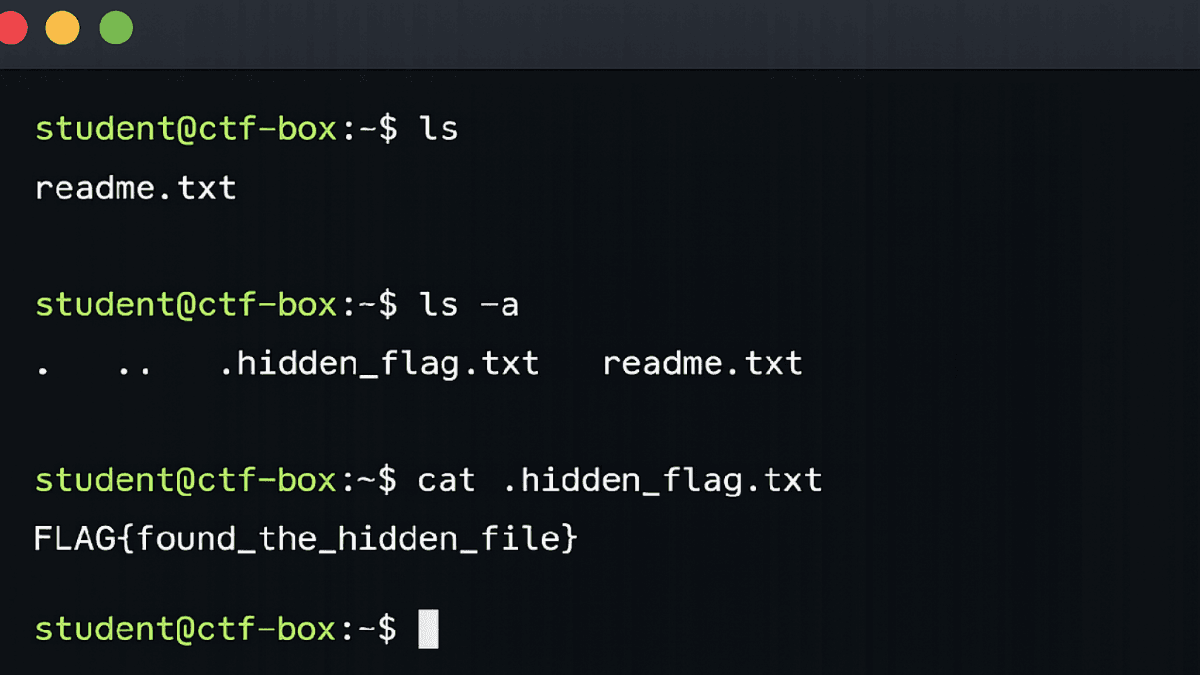 A live Linux terminal in JuiceMind where a student lists hidden files and reads a capture-the-flag file