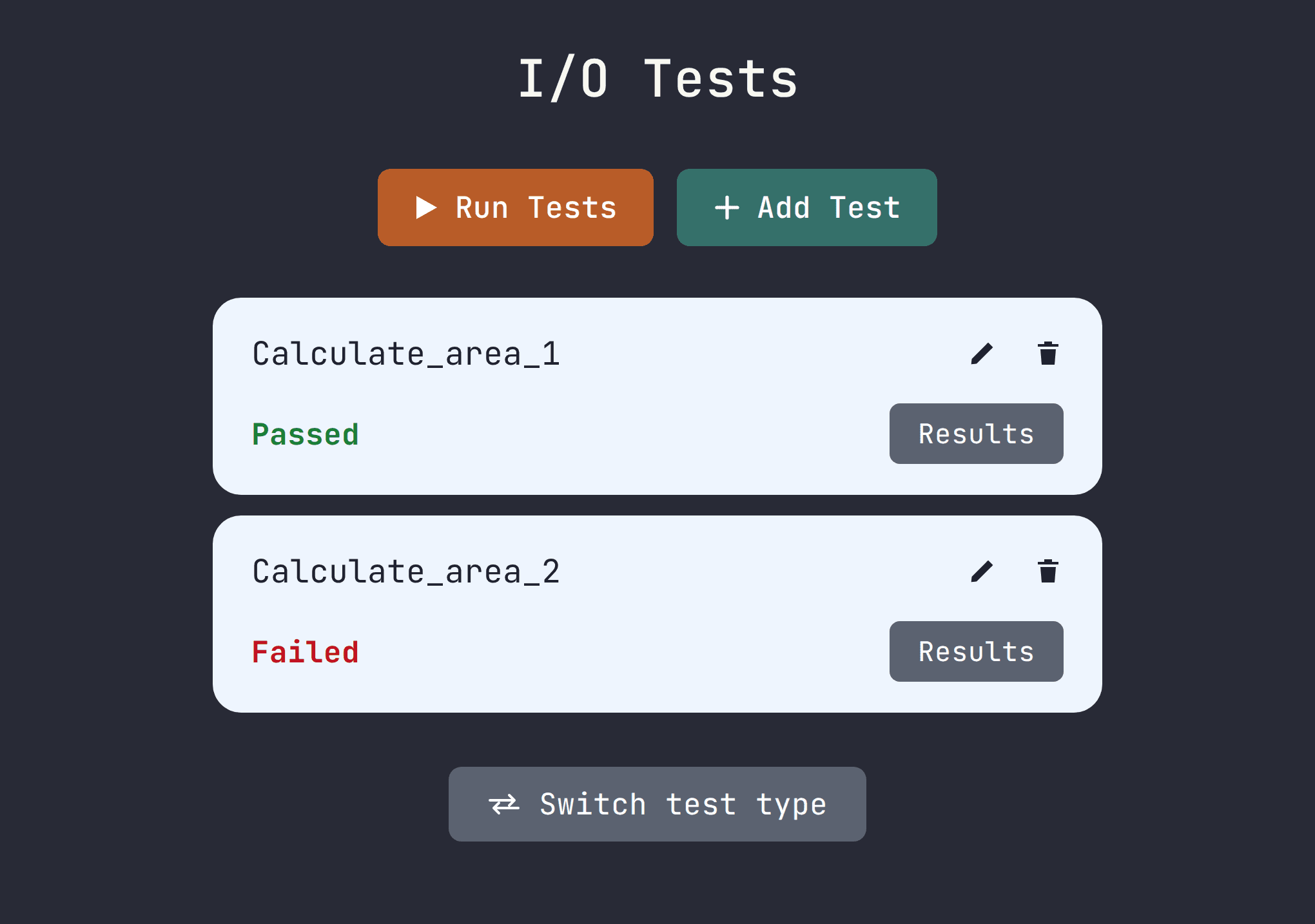 JuiceMind IDE test panel showing automated unit tests passing and failing on a student submission