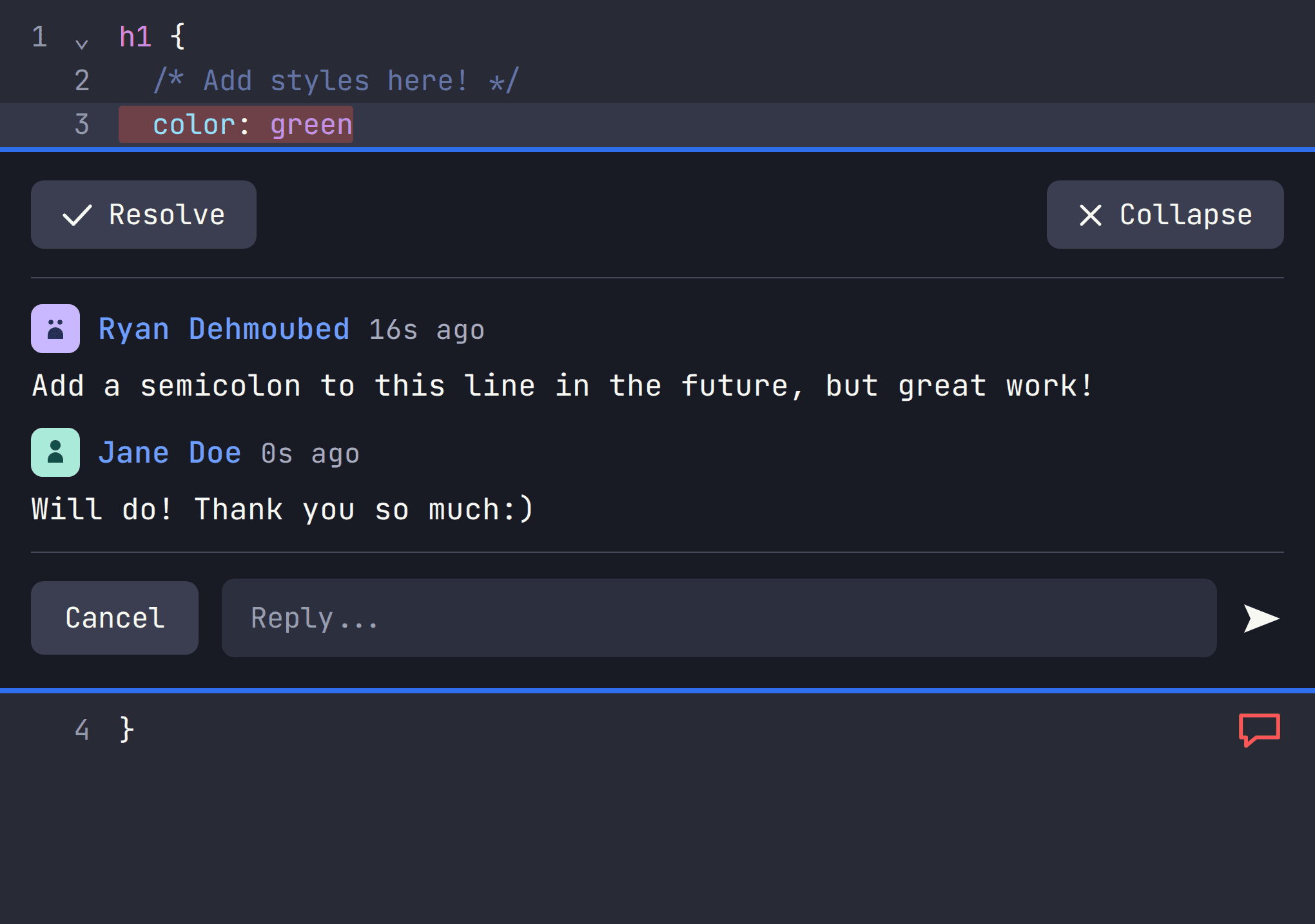 JuiceMind IDE showing a threaded teacher comment anchored to a line of student CSS