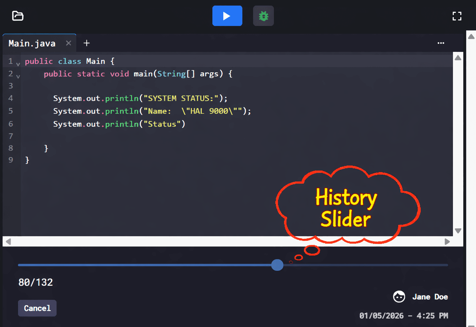 JuiceMind IDE replaying Jane Doe's Main.java submission, with the history slider parked at keystroke 80 of 132 and the submission stamped 01/05/2026, 4:25 PM