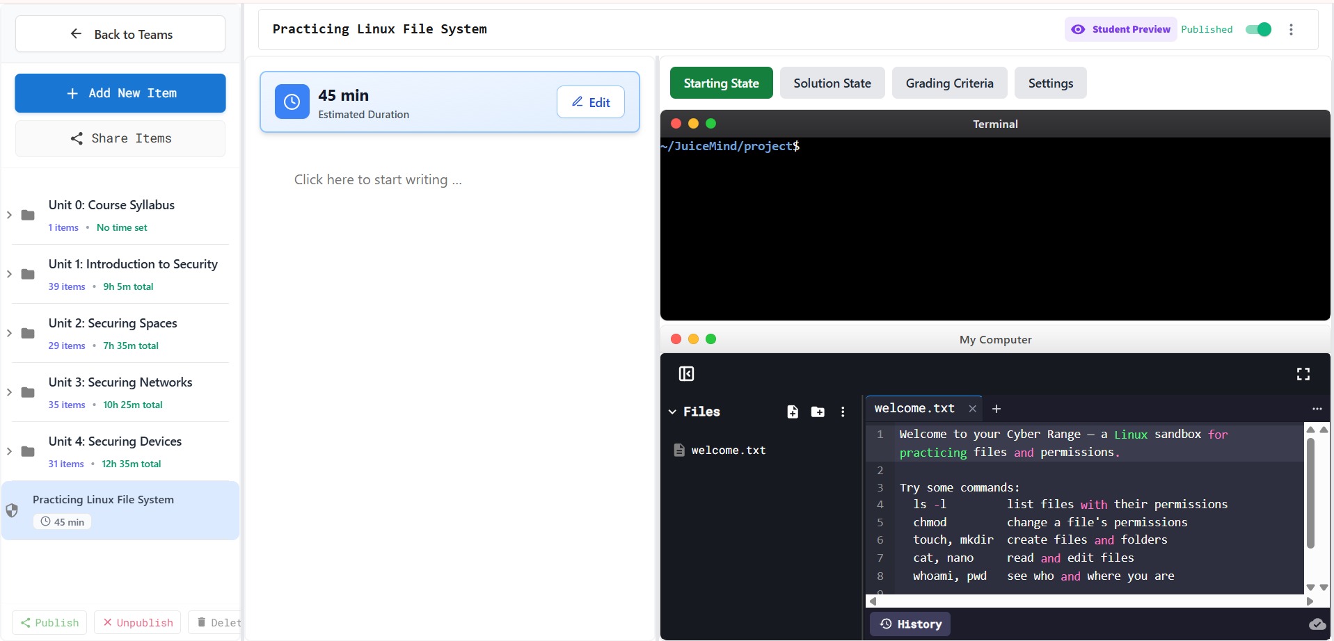 JuiceMind cyber range: a sandboxed Linux terminal environment running in the browser