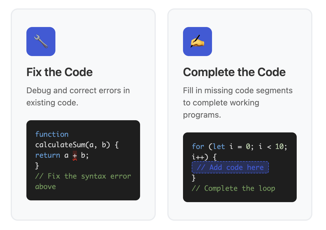 Fix the Code and Complete the Code exercise examples