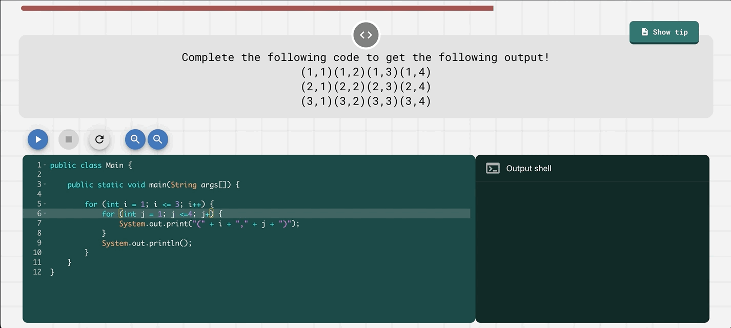 A JuiceMind Fill in the Code question: the student completes a nested Java loop so the program prints the required coordinate grid, then runs it to check the output.