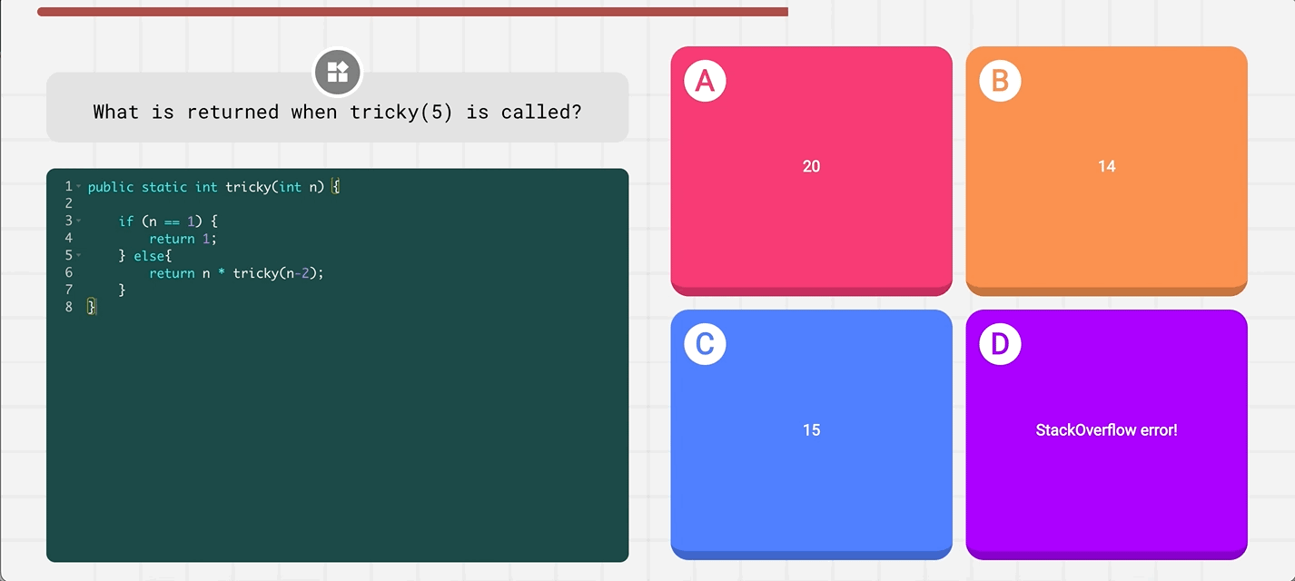 An IDE multiple choice question asking what a recursive Java method returns, with four coloured answer tiles.
