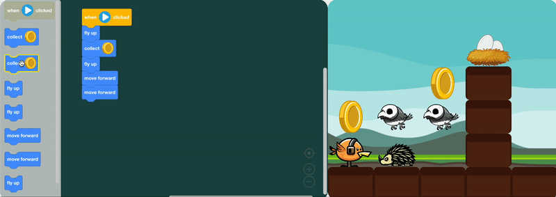 A block coding question: blocks are dragged together to fly a bird through a level and collect coins.